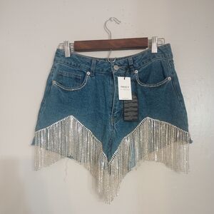 Forever 21 Women's Rhinestone Fringe Denim Shorts NWT